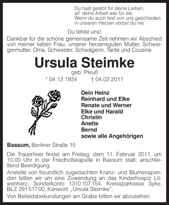 Traueranzeige von Ursula Steimke von KREISZEITUNG SYKE