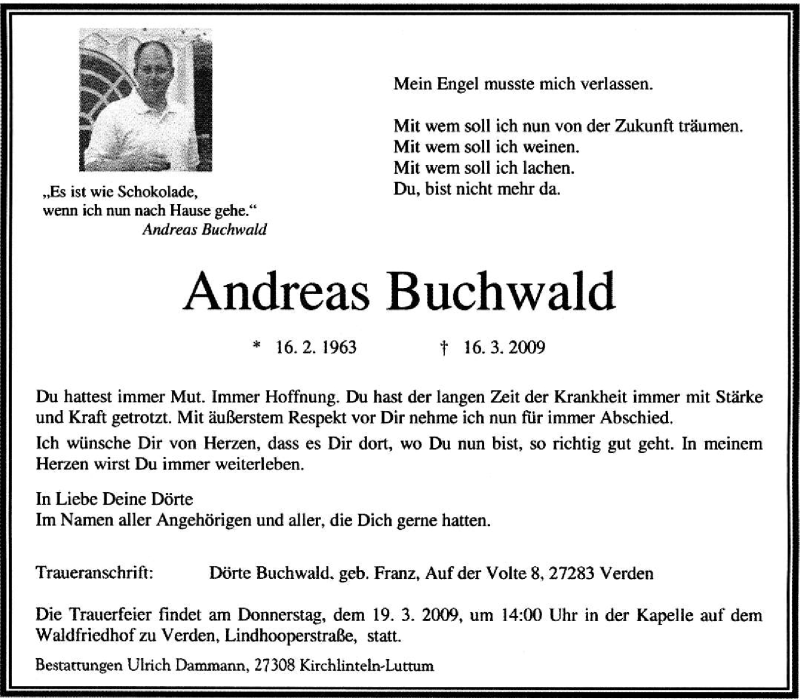  Traueranzeige für Andreas Buchwald vom 17.03.2009 aus KREISZEITUNG SYKE