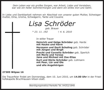 Traueranzeige von Lisa Schröder von KREISZEITUNG SYKE