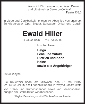 Traueranzeige von Ewald Hiller von KRZ