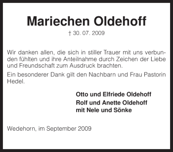 Traueranzeige von Mariechen Oldehoff von KREISZEITUNG SYKE