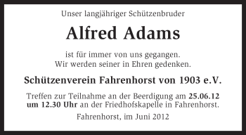 Traueranzeige von Alfred Adams von KREISZEITUNG SYKE