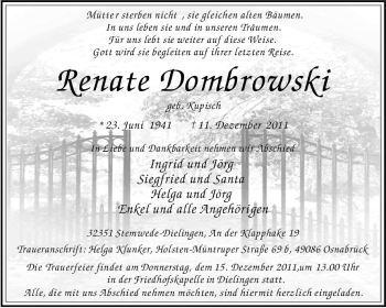 Traueranzeige von Renate Dombrowski von KREISZEITUNG SYKE