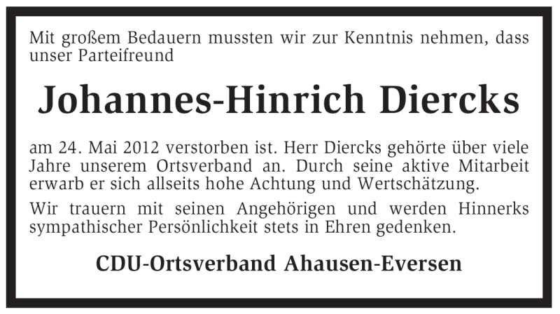  Traueranzeige für Johannes-Hinrich Diercks vom 29.05.2012 aus KREISZEITUNG SYKE