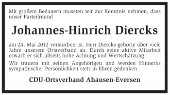 Traueranzeige von Johannes-Hinrich Diercks von KREISZEITUNG SYKE