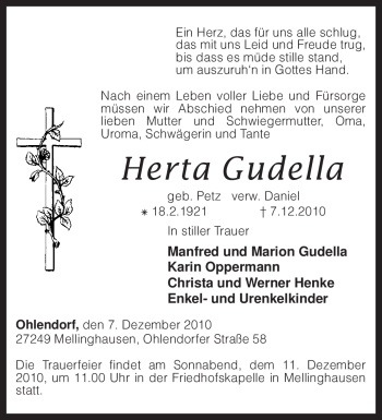 Traueranzeige von Herta Gudella von KREISZEITUNG SYKE