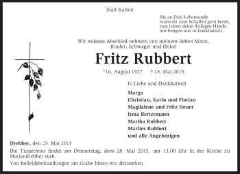 Traueranzeige von Fritz Rubbert von KRZ