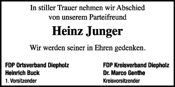 Traueranzeige von Heinz Junger von KREISZEITUNG SYKE