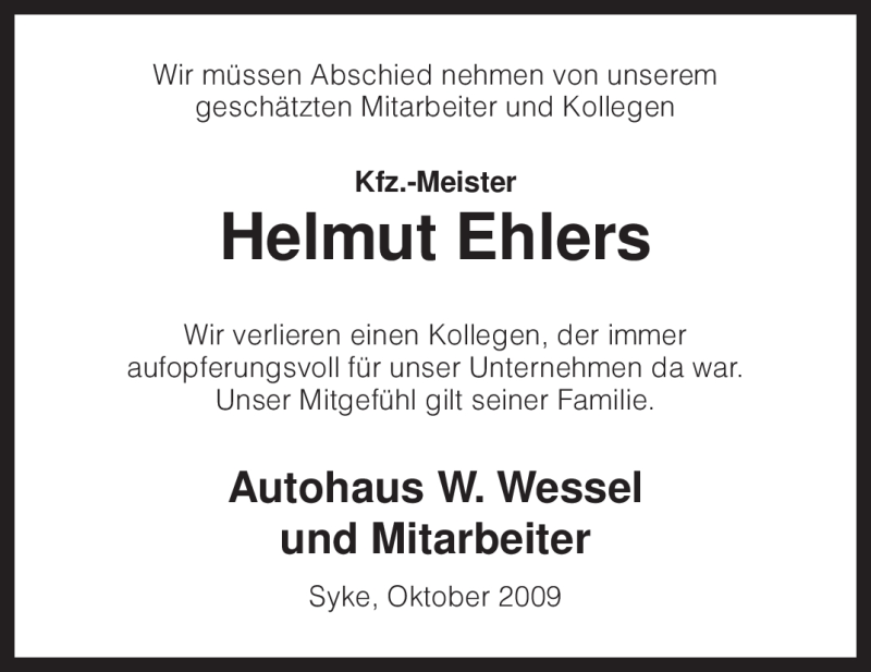  Traueranzeige für Helmut Ehlers vom 20.10.2009 aus KREISZEITUNG SYKE