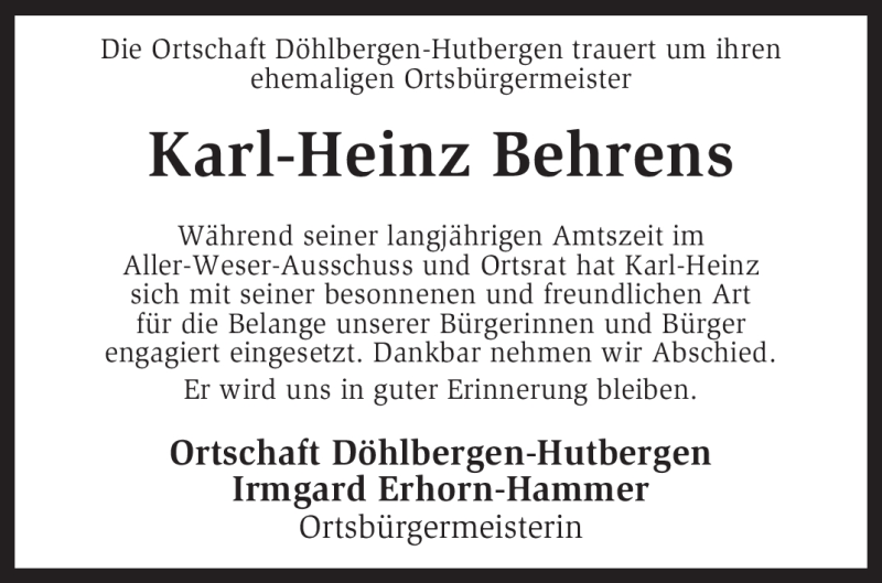  Traueranzeige für Karl-Heinz Behrens vom 03.08.2011 aus KREISZEITUNG SYKE