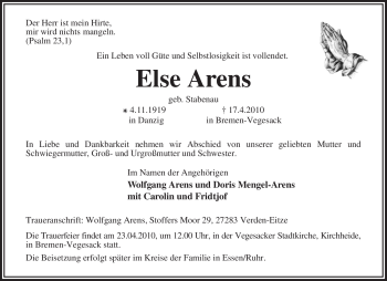 Traueranzeige von Else Arens von KREISZEITUNG SYKE