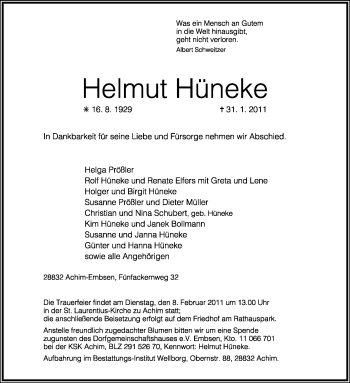 Traueranzeige von Helmut Hüneke von KREISZEITUNG SYKE