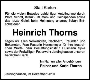 Traueranzeige von Heinrich Thorns von KREISZEITUNG SYKE