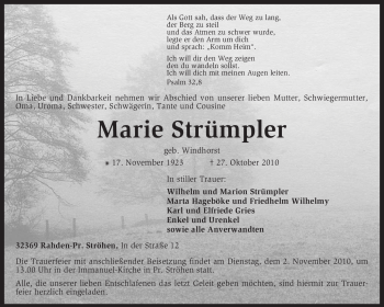 Traueranzeige von Marie Strümpler von KREISZEITUNG SYKE