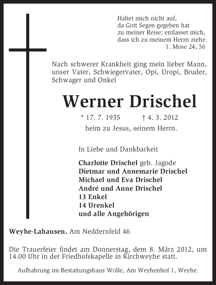  Traueranzeige für Werner Drischel vom 05.03.2012 aus KREISZEITUNG SYKE