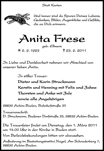 Traueranzeige von Anita Freese von KREISZEITUNG SYKE