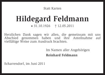 Traueranzeige von Hildegard Feldmann von KREISZEITUNG SYKE