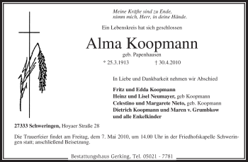 Traueranzeige von Alma Koopmann von KREISZEITUNG SYKE