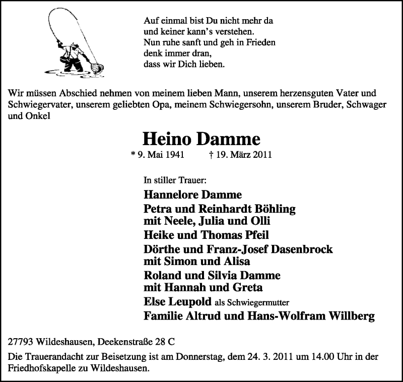  Traueranzeige für Heino Damme vom 21.03.2011 aus KREISZEITUNG SYKE