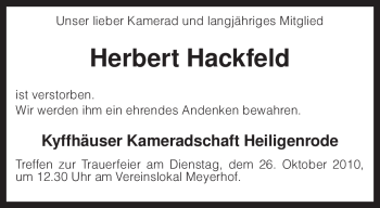 Traueranzeige von Herbert Hackfeld von KREISZEITUNG SYKE