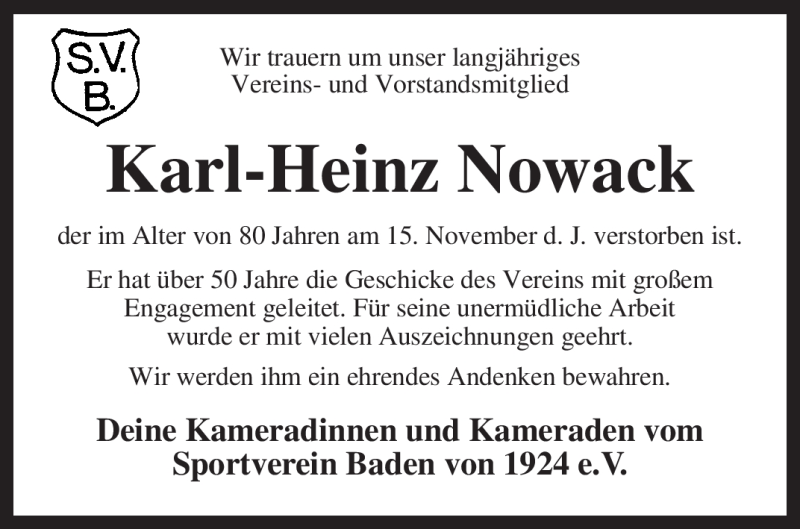  Traueranzeige für Karl-Heinz Nowack vom 20.11.2009 aus KREISZEITUNG SYKE