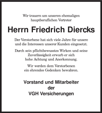 Traueranzeige von Friedrich Diercks von KREISZEITUNG SYKE