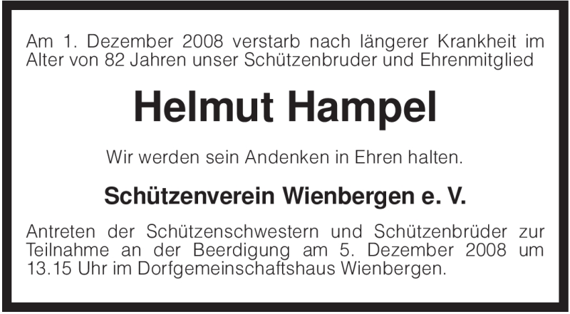  Traueranzeige für Helmut Hampel vom 03.12.2008 aus KREISZEITUNG SYKE