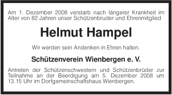 Traueranzeige von Helmut Hampel von KREISZEITUNG SYKE