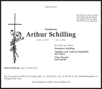 Traueranzeige von Arthur Schilling von KREISZEITUNG SYKE