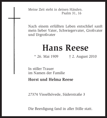 Traueranzeige von Hans Reese von KREISZEITUNG SYKE