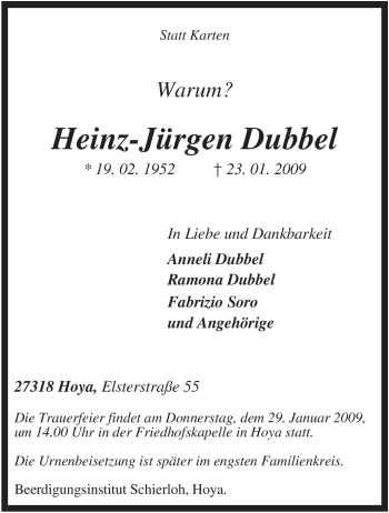 Traueranzeige von Heinz-Jürgen Dubbel von KREISZEITUNG SYKE