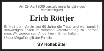 Traueranzeige von Erich Röttjer von KREISZEITUNG SYKE