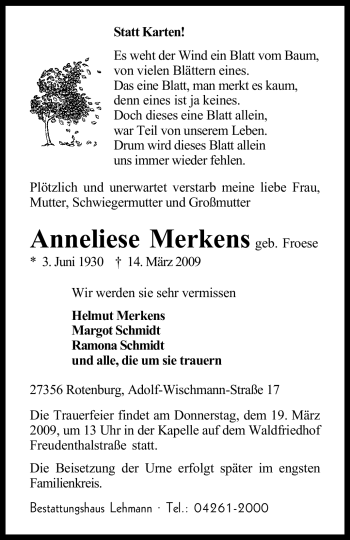 Traueranzeige von Anneliese Merkens von KREISZEITUNG SYKE