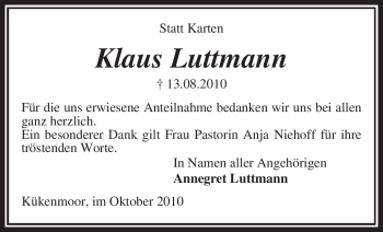 Traueranzeige von Klaus Luttmann von KREISZEITUNG SYKE