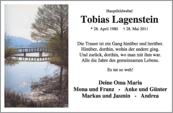 Traueranzeige von Tobias Lagenstein von KREISZEITUNG SYKE