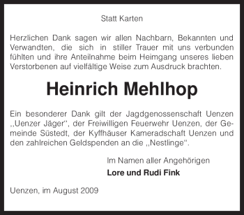 Traueranzeige von Heinrich Mehlhop von KREISZEITUNG SYKE