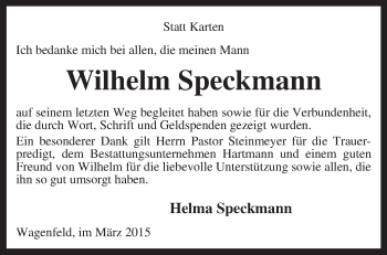 Traueranzeige von Wilhelm Speckmann von KRZ