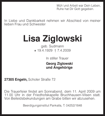 Traueranzeige von Lisa Ziglowski von KREISZEITUNG SYKE