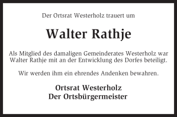 Traueranzeige von Walter Rathje von KREISZEITUNG SYKE