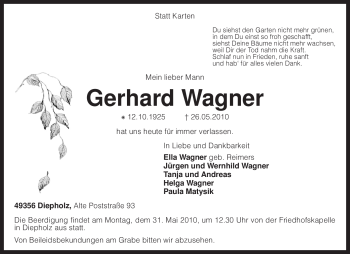 Traueranzeige von Gerhard Wagner von KREISZEITUNG SYKE