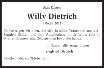 Traueranzeige von Willy Dietrich von KREISZEITUNG SYKE