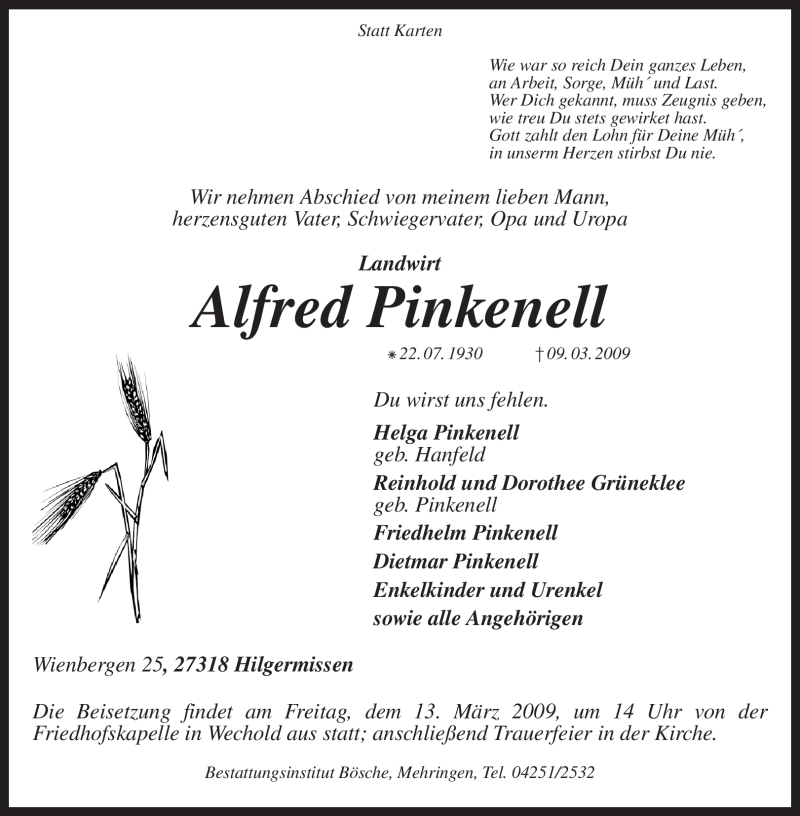  Traueranzeige für Alfred Pinkenell vom 11.03.2009 aus KREISZEITUNG SYKE