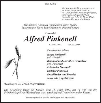 Traueranzeige von Alfred Pinkenell von KREISZEITUNG SYKE