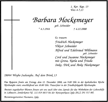 Traueranzeige von Barbara Hockemeyer von KREISZEITUNG SYKE