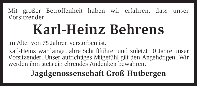  Traueranzeige für Karl-Heinz Behrens vom 03.08.2011 aus KREISZEITUNG SYKE