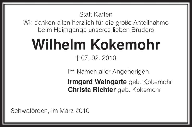  Traueranzeige für Wilhelm Kokemohr vom 13.03.2010 aus KREISZEITUNG SYKE
