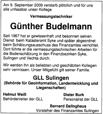 Traueranzeige von Günther Budelmann von KREISZEITUNG SYKE