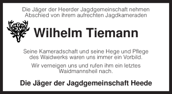 Traueranzeige von Wilhelm Tiemann von KREISZEITUNG SYKE