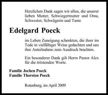Traueranzeige von Edelgard Poeck von KREISZEITUNG SYKE
