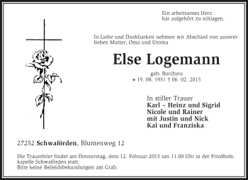 Traueranzeige von Else Logemann von Kreiszeitung